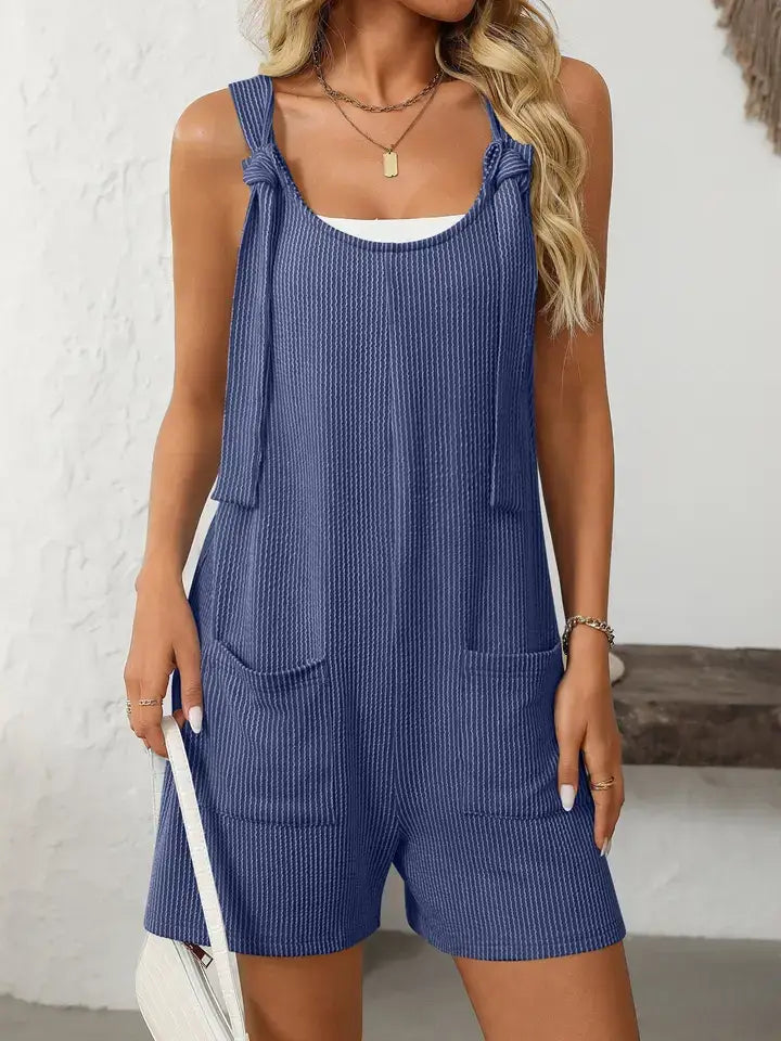 Striped Knot Strap Sleeveless Casual Romper with Pockets: Gray / 65%Polyester+30%Viscose+5%Elastane / S