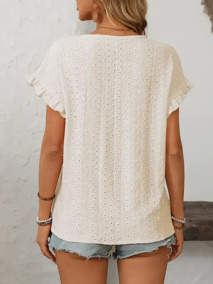 Light Blue Hollow-Out Crewneck Short Sleeve Summer Top: Turquoise blue / 65%Polyester+30%Viscose+5%Elastane / S