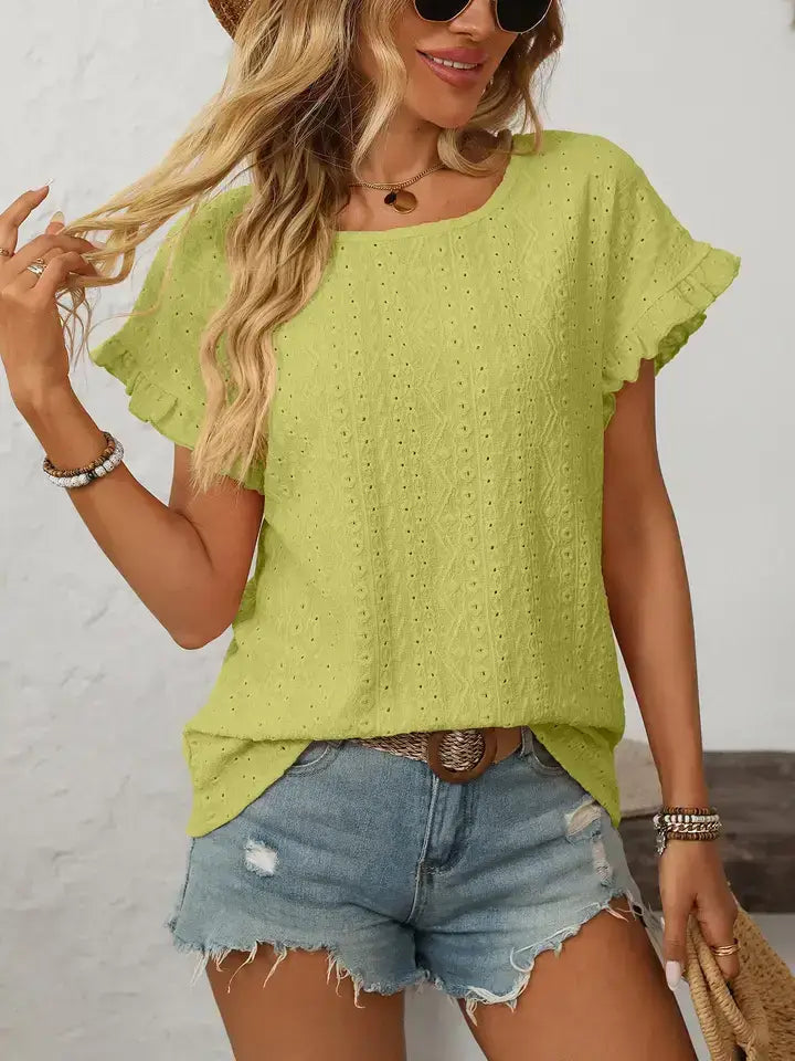 Light Blue Hollow-Out Crewneck Short Sleeve Summer Top: Turquoise blue / 65%Polyester+30%Viscose+5%Elastane / S
