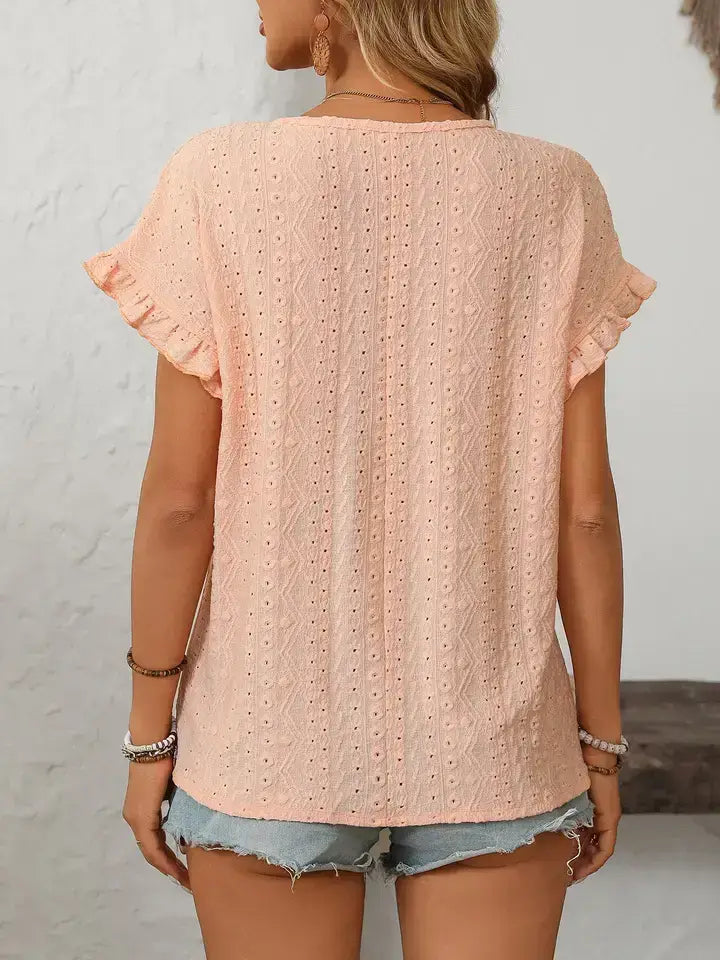 Light Blue Hollow-Out Crewneck Short Sleeve Summer Top: Turquoise blue / 65%Polyester+30%Viscose+5%Elastane / XL