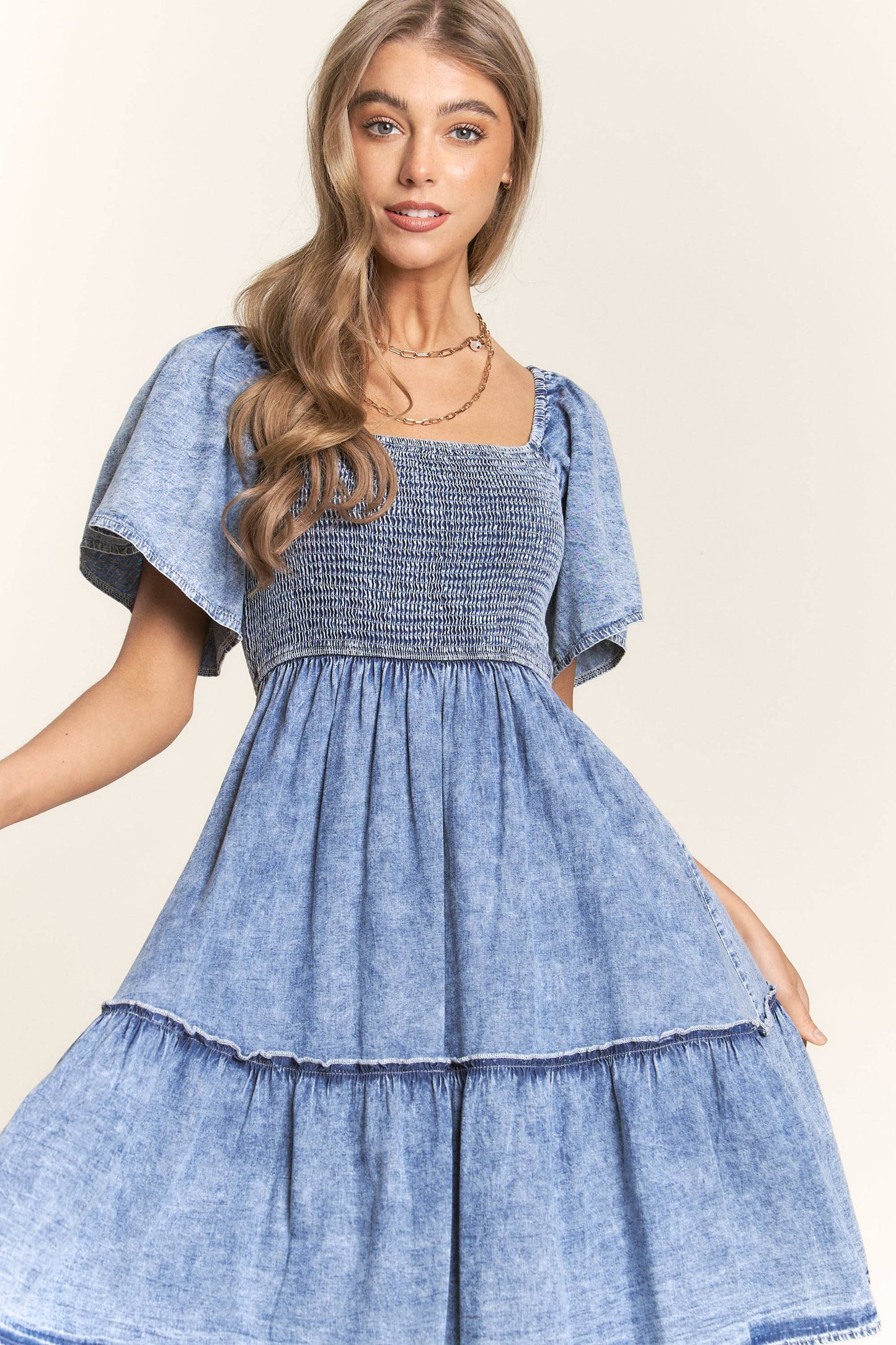 Washed Denim Smocked Top Dress - SALE