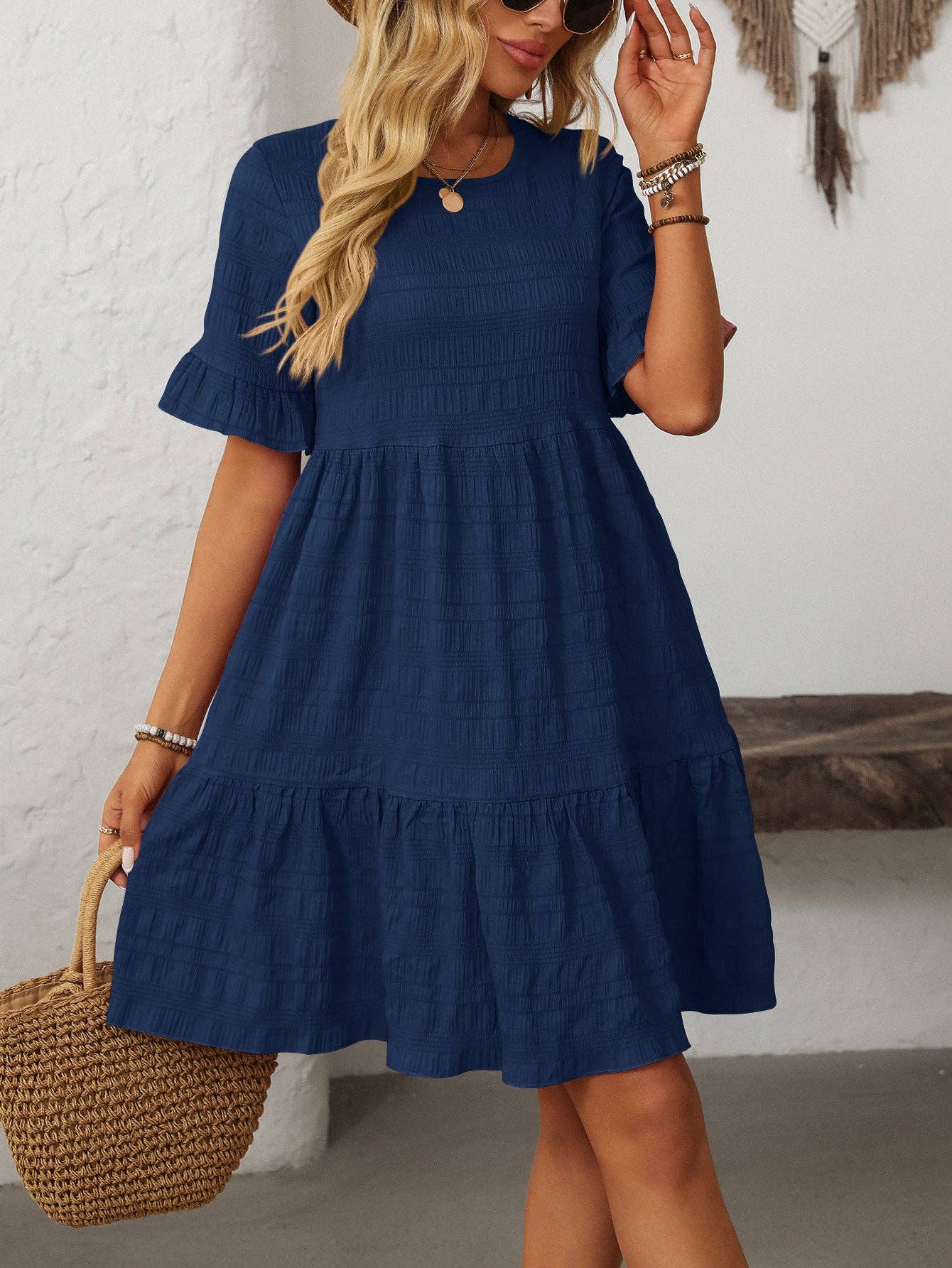 Women Ruffle Sleeve A Line Tiered Flowy Casual Trendy Mini Dress: Bean paste powder / 100% Polyester / 2XL