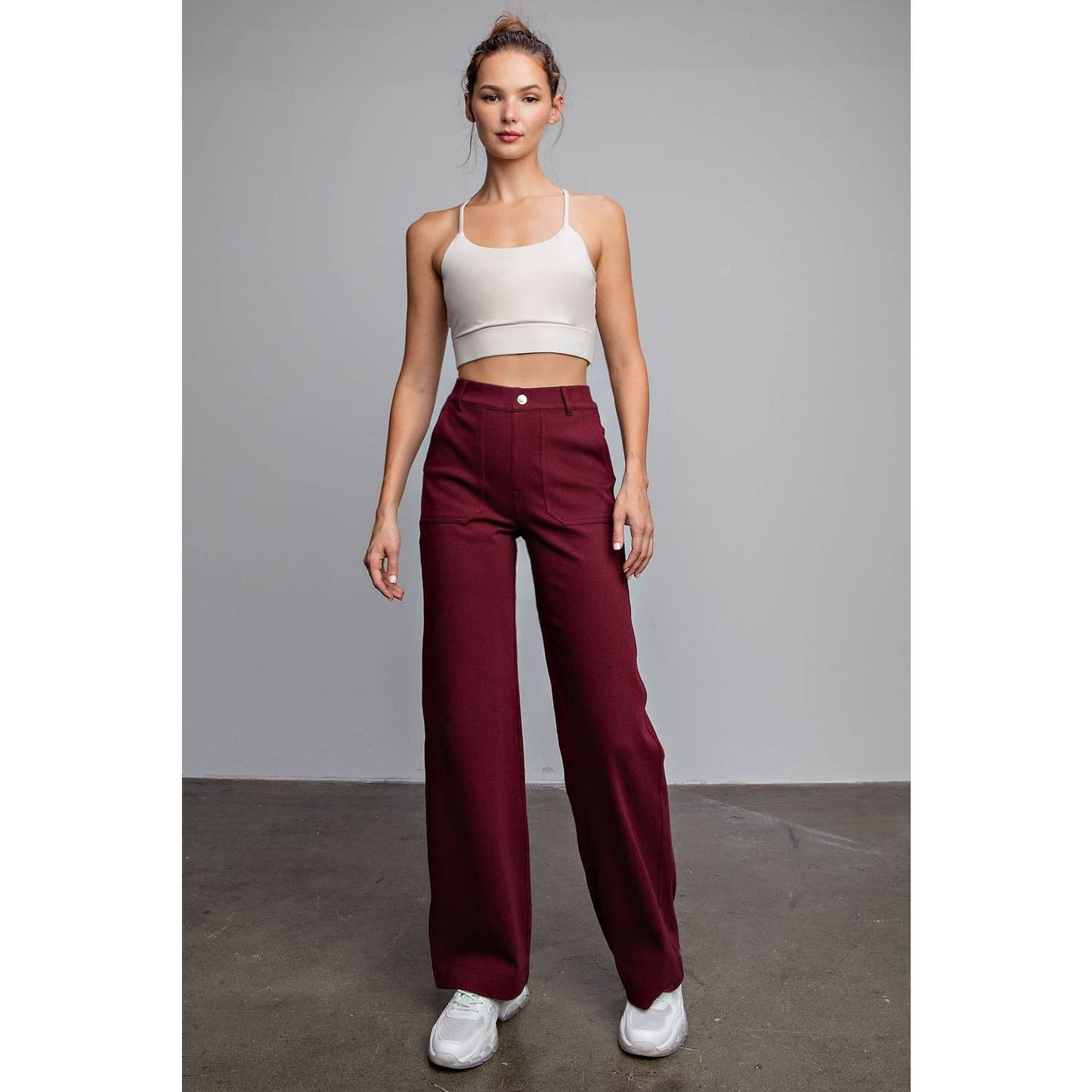 Triple Stretch Cotton Twill Wide Leg Trousers in Burgundy