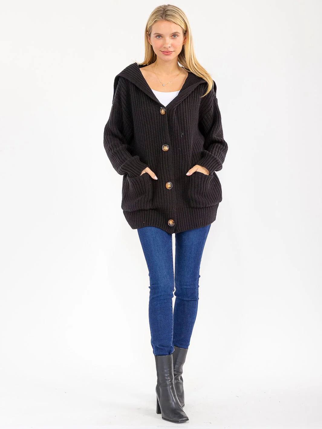 Ribbed Knit Cardigan in Black