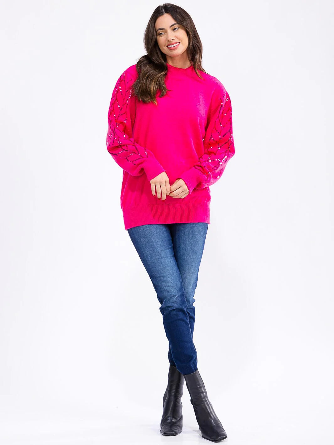 Women's Sequin-Embellished Pullover in Hot Pink