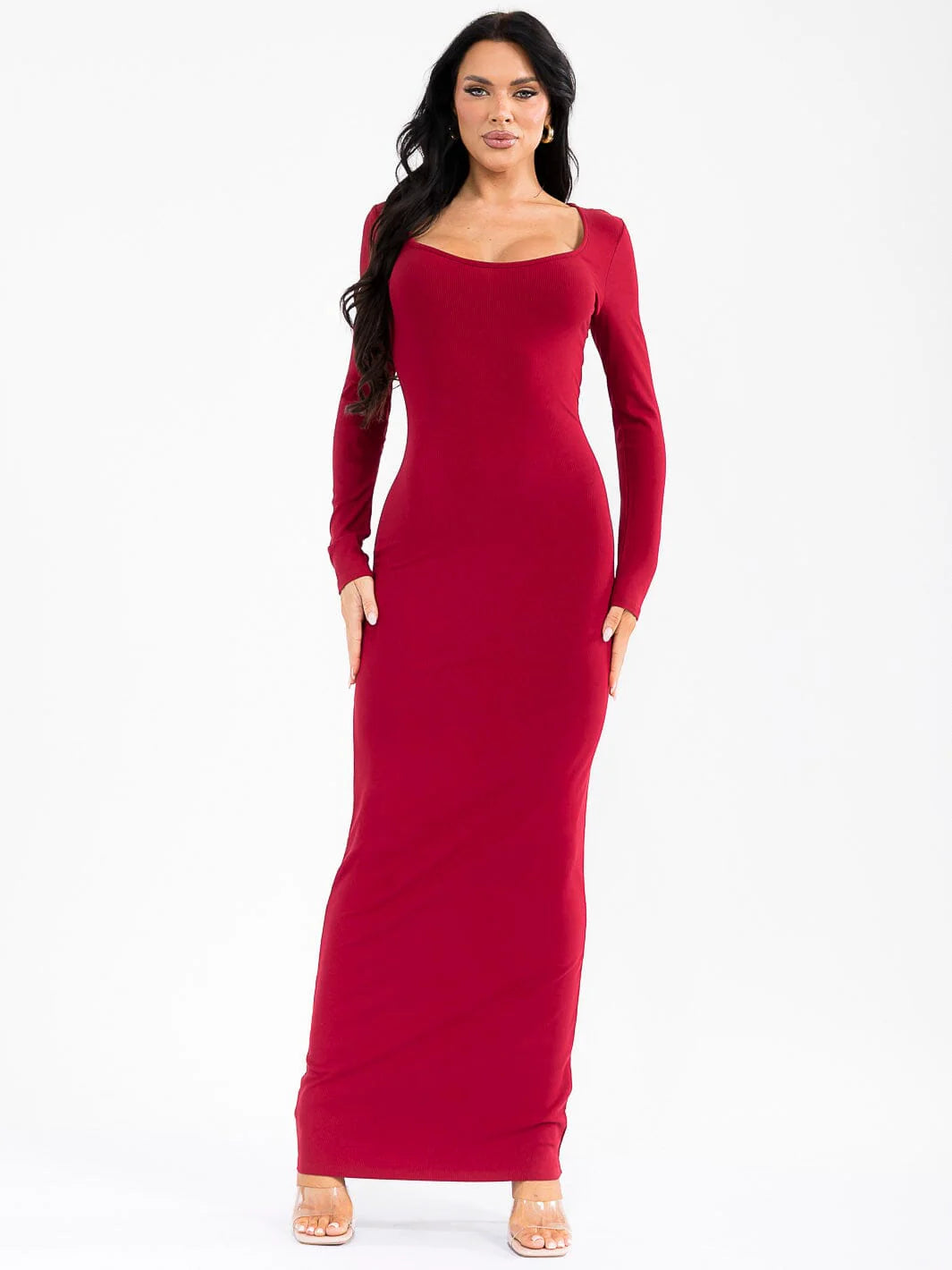 Bodycon Long Sleeve Ribbed Maxi Dress in Red