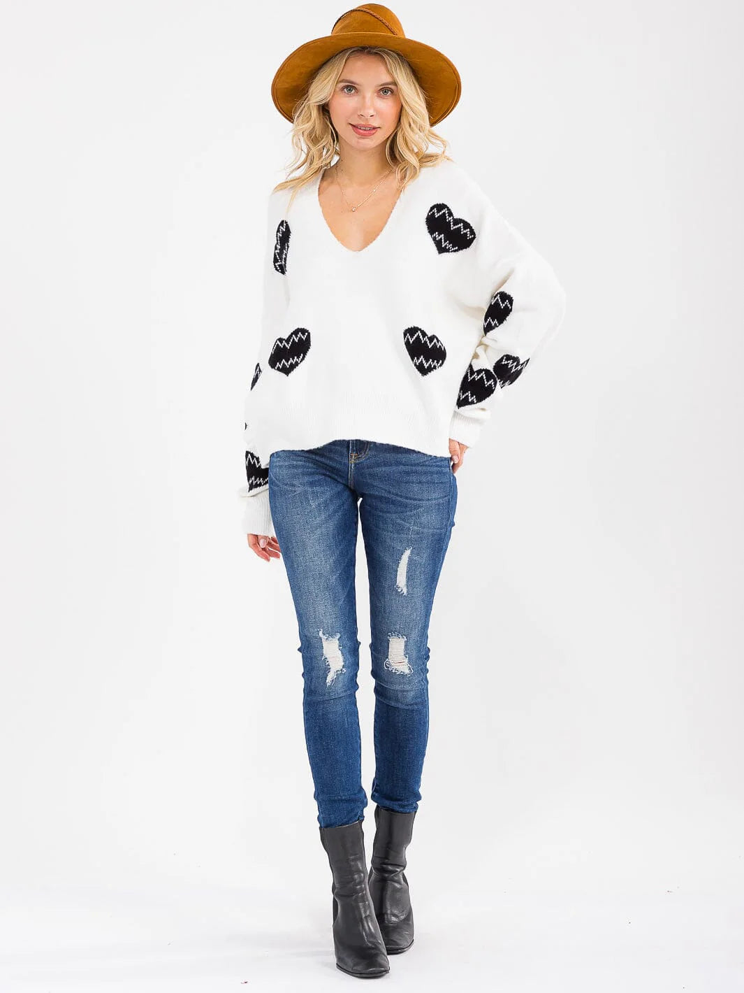 V-Neck Heart Pattern Knit Sweater