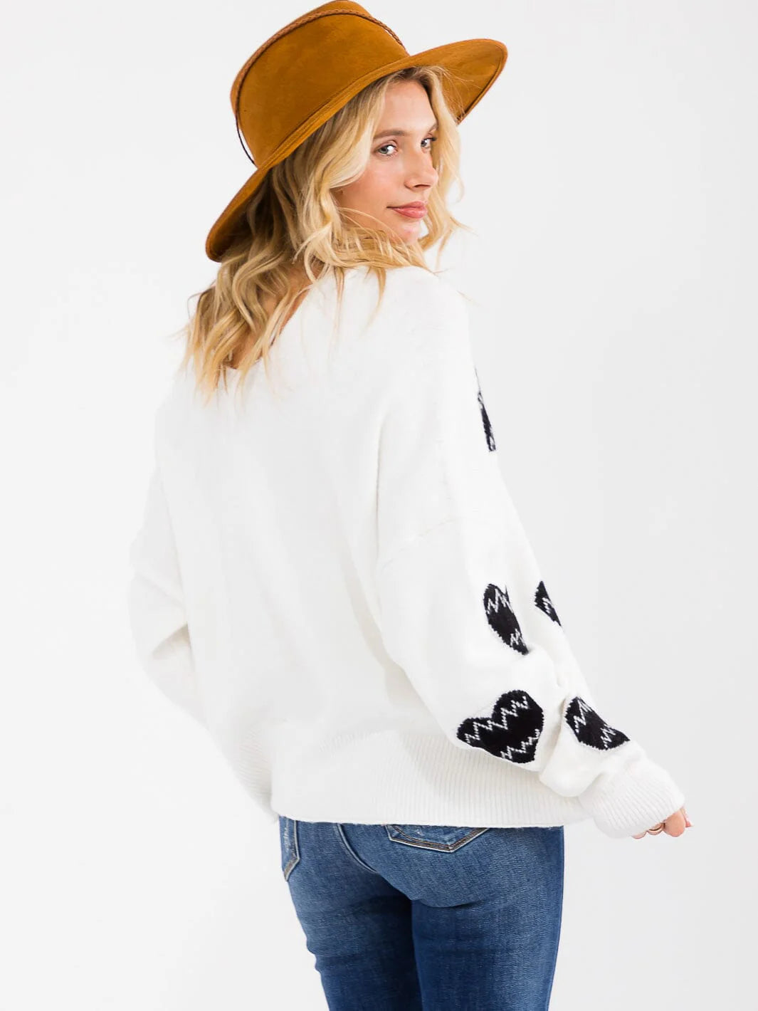 V-Neck Heart Pattern Knit Sweater