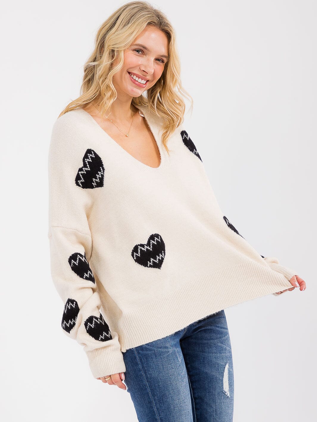 V-Neck Heart Pattern Knit Sweater