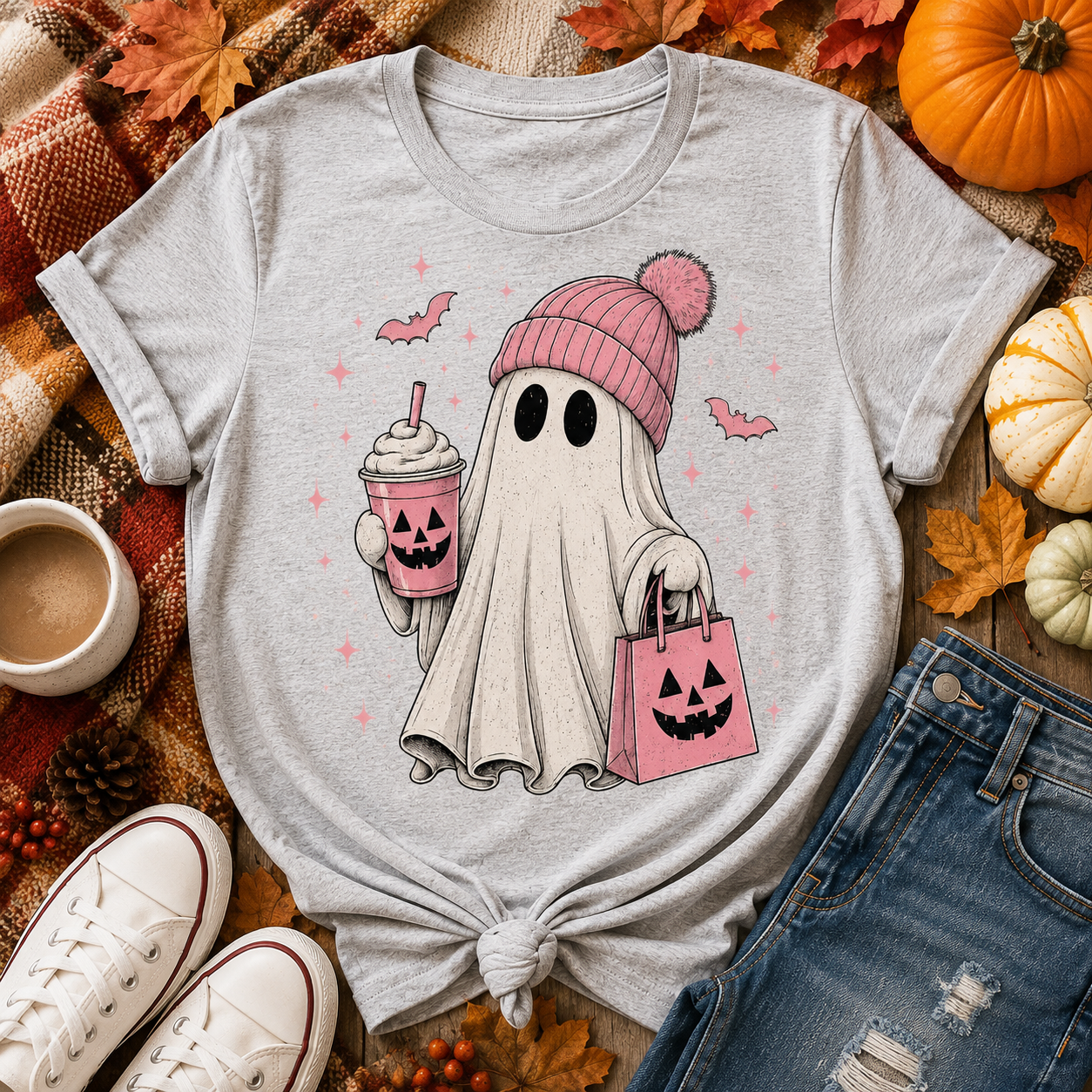ute ghost wearing a pink beanie holding a pumpkin coffee and Halloween treat bag printed on a light gray fall graphic t-shirt.