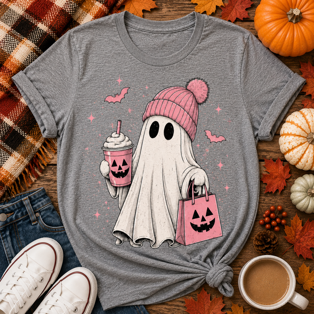 Julia Rose Pink Ghost Halloween apparel available as a crewneck T-shirt, V-neck T-shirt, long-sleeve shirt and hoodie in sizes S–3XL.