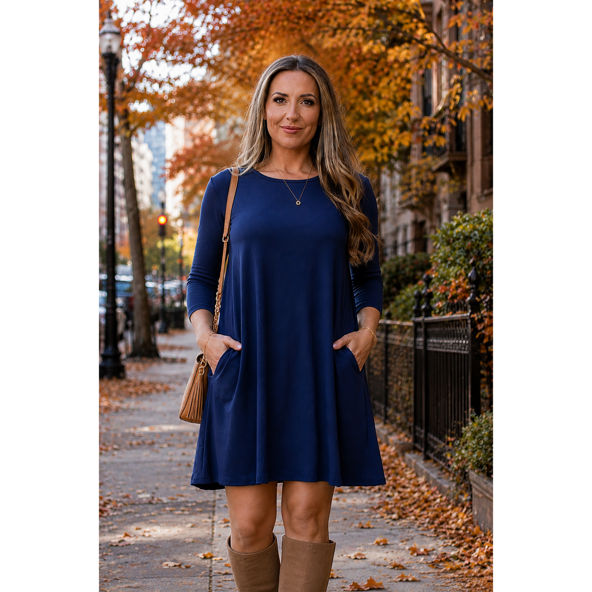 The Alyssa - Navy Swing Dress with 3/4 Sleeves