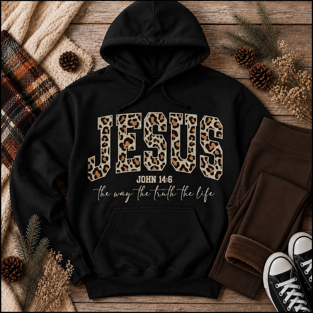Julia Rose Jesus John 14:6 apparel featuring leopard-print JESUS lettering and the phrase The Way, The Truth, The Life.
