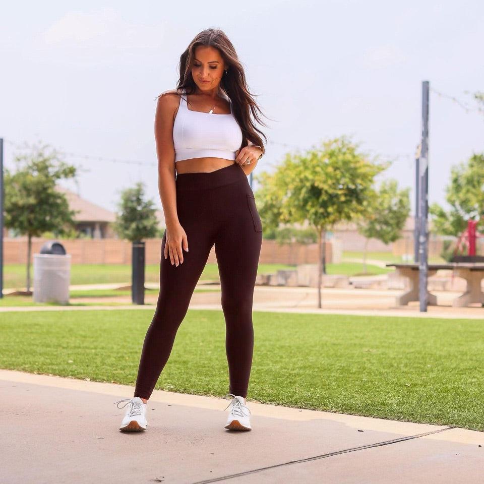 High waist brown crossover leggings for women. Buttery soft brown leggings with flattering waistband