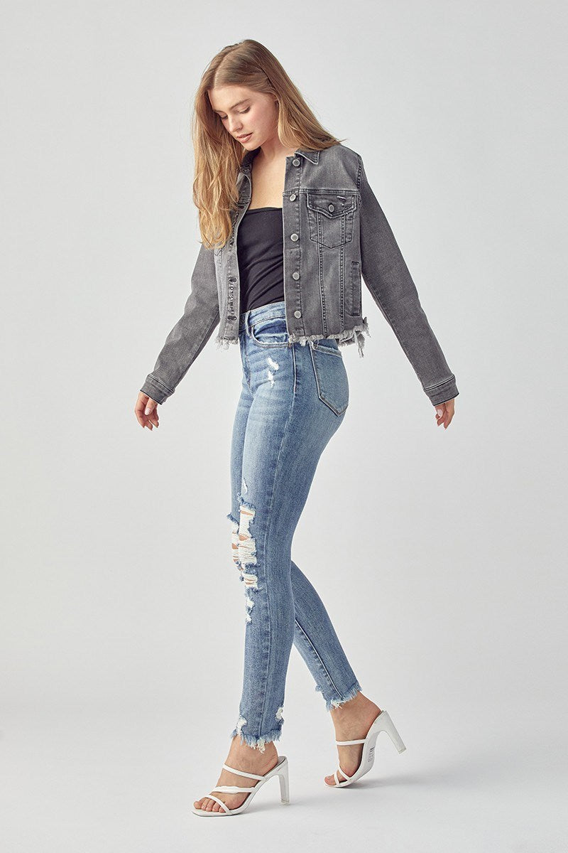 Risen Frayed Hem Washed Denim Jacket