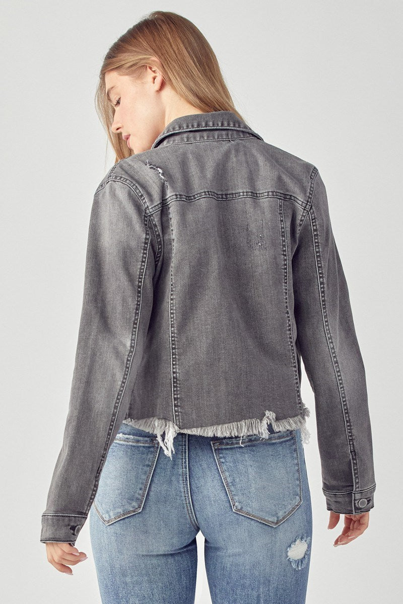 Risen Frayed Hem Washed Denim Jacket