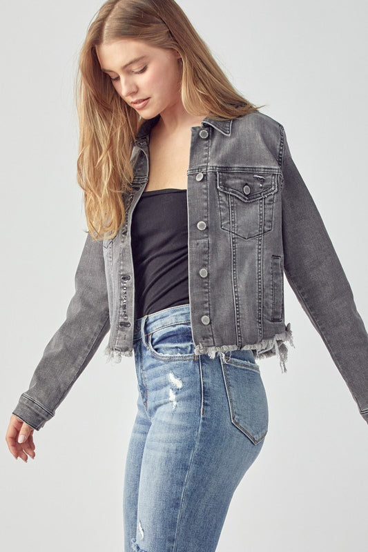 Risen Frayed Hem Washed Denim Jacket