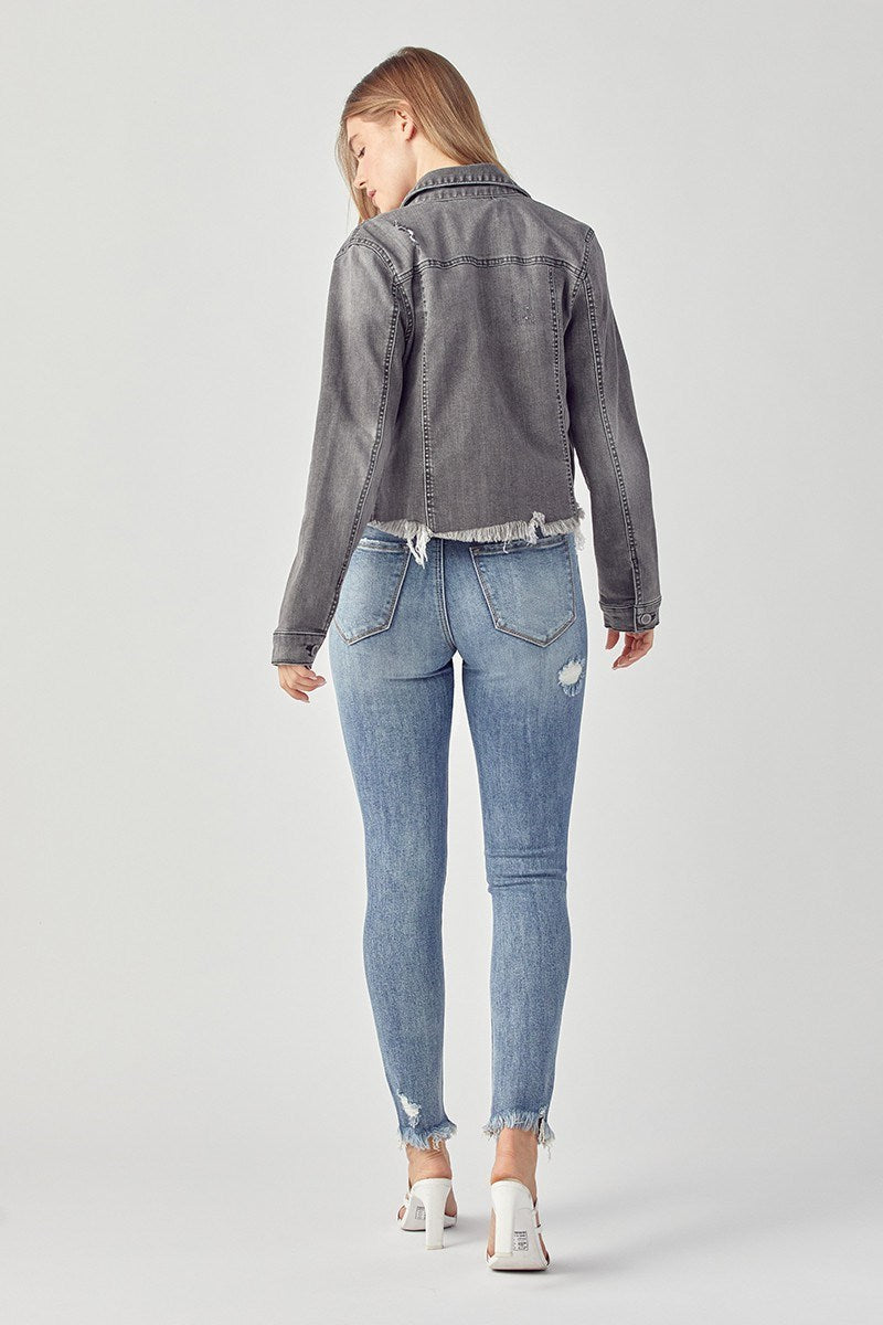 Risen Frayed Hem Washed Denim Jacket