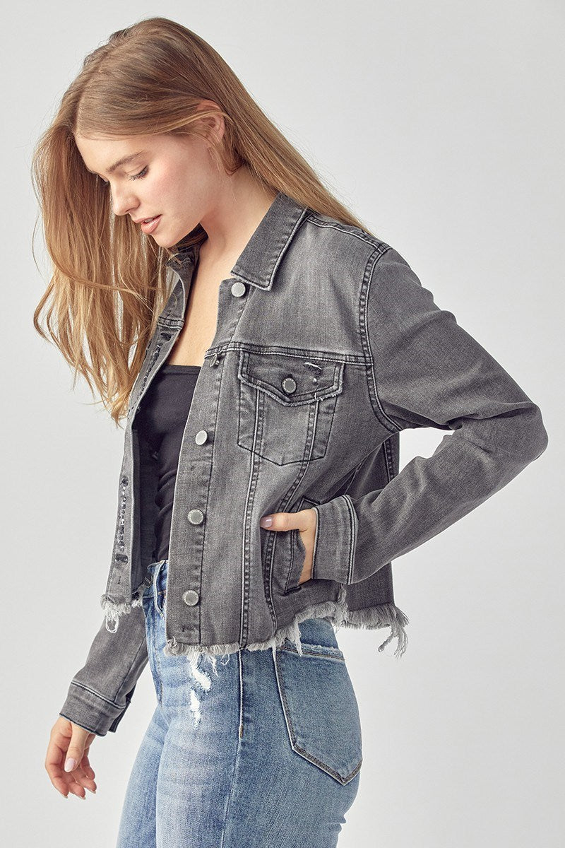 Risen Frayed Hem Washed Denim Jacket