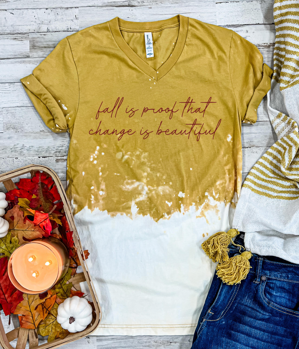 Fall Is Proof Distressed Mustard V Neck Graphic Tee