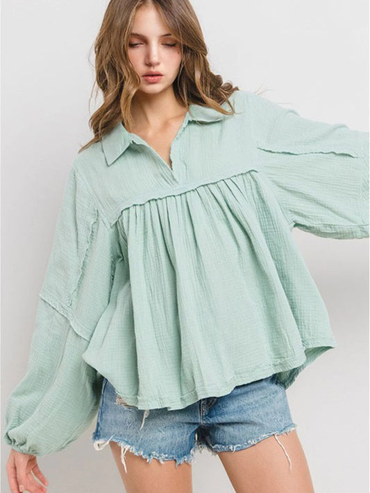 Crystal Sage V Neck Linen Babydoll Tunic