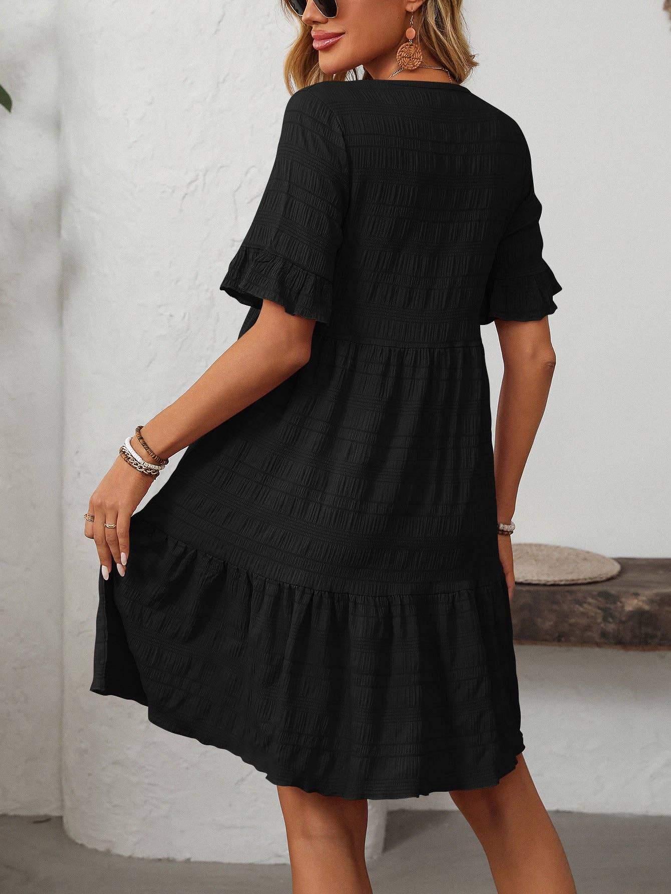 Women Ruffle Sleeve A Line Tiered Flowy Casual Trendy Mini Dress: Bean paste powder / 100% Polyester / S
