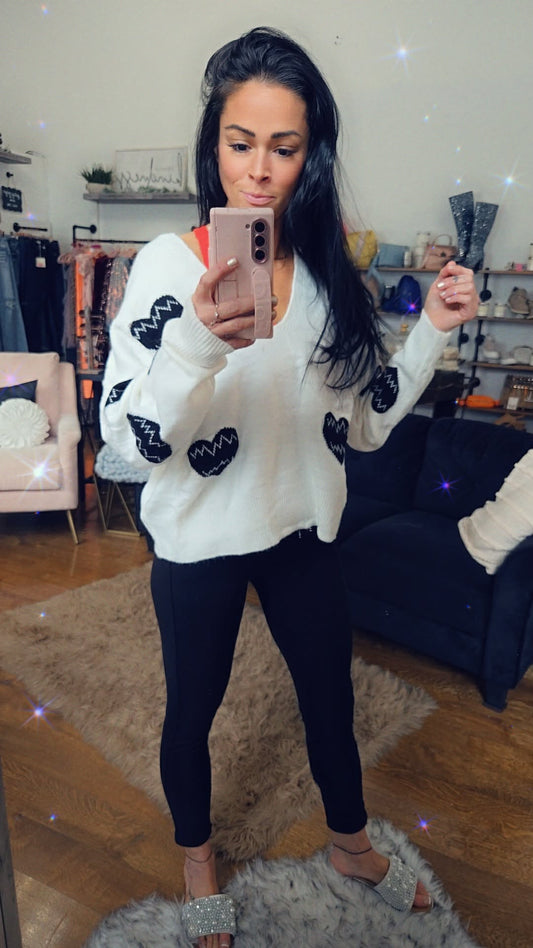 V-Neck Heart Pattern Knit Sweater