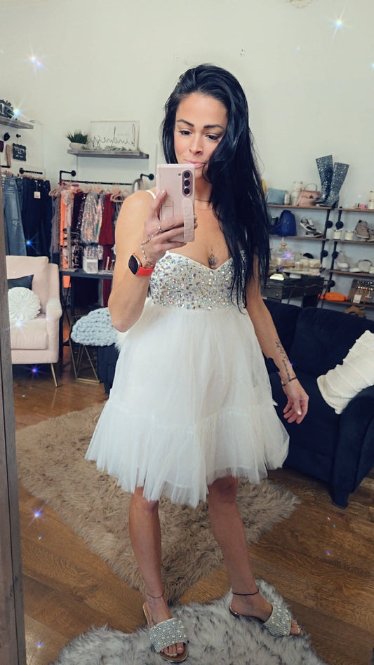 Ruffle-Trimmed Mini Dress with Rhinestones