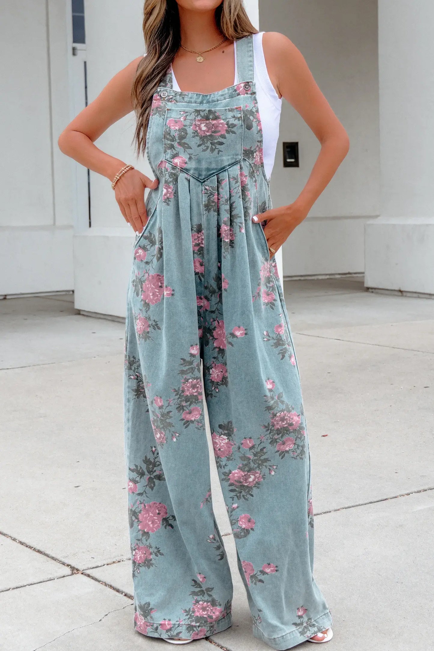 Beau Floral Print Pleated High Waist Wide Leg Denim Jumpsuit: Beau Blue / 50%Polyester+50%Cotton / XL