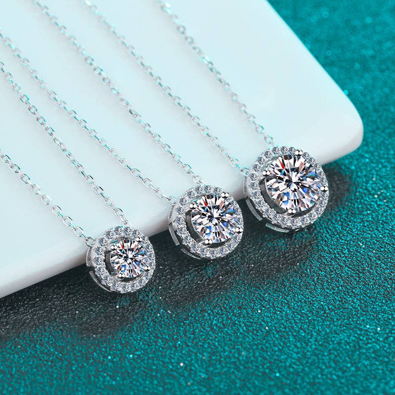 Four-Prong Moissanite Halo Necklace in 925 Sterling Silver: 0.5 ct