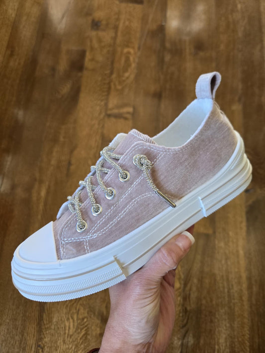 Very G Aman Taupe Suede Sneaker with Rhinestone Laces