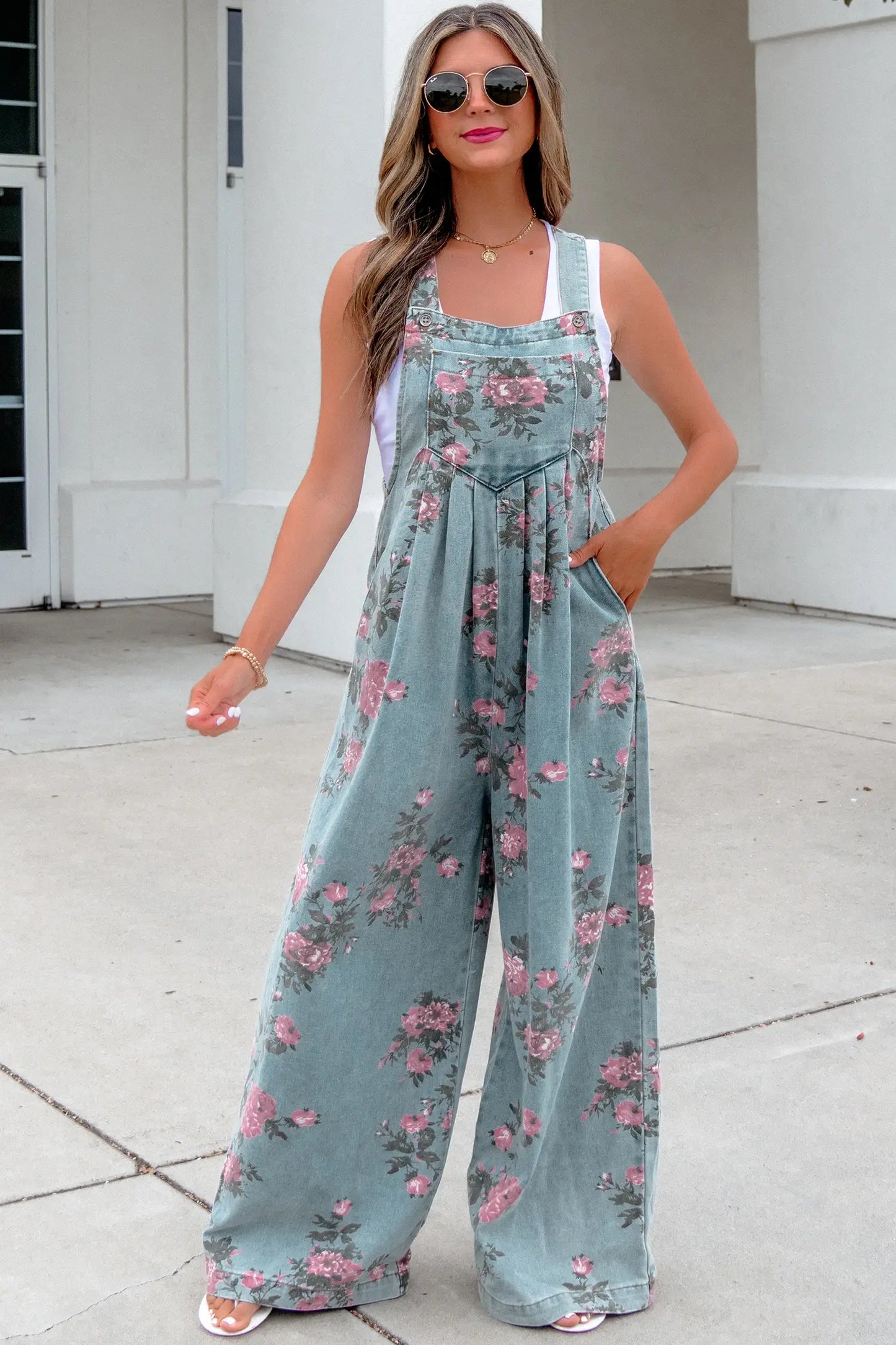 Beau Floral Print Pleated High Waist Wide Leg Denim Jumpsuit: Beau Blue / 50%Polyester+50%Cotton / L