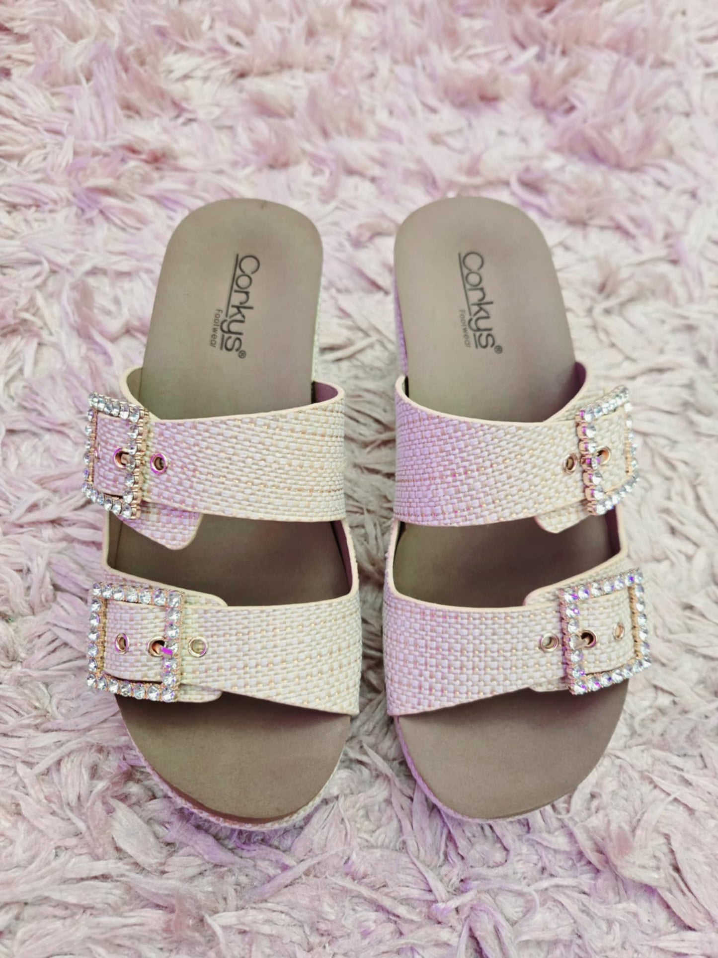 Corky's Main Squeeze Memory Foam Wedge Sandal in Raffia Rhinestone