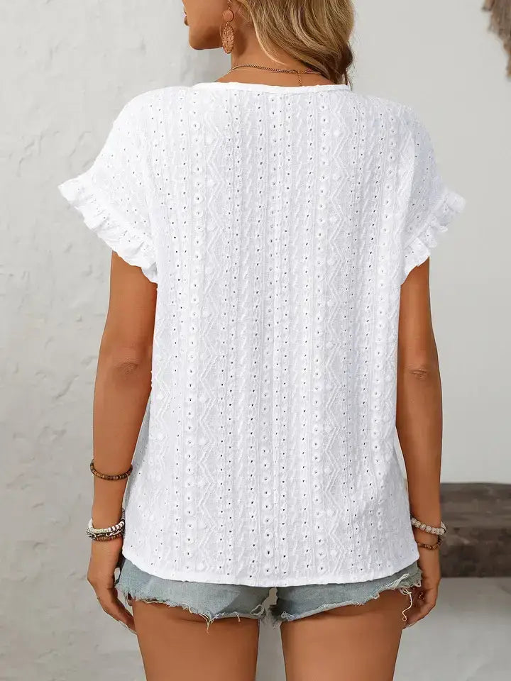 Light Blue Hollow-Out Crewneck Short Sleeve Summer Top: Turquoise blue / 65%Polyester+30%Viscose+5%Elastane / M