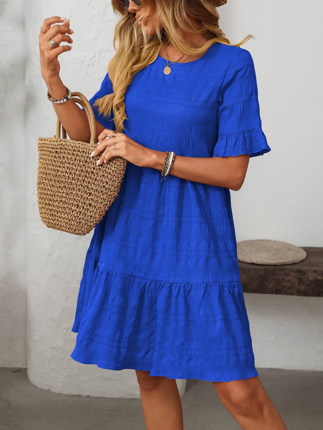 Women Ruffle Sleeve A Line Tiered Flowy Casual Trendy Mini Dress: Bean paste powder / 100% Polyester / S