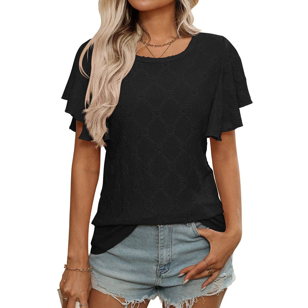 Eyelet Ruffle Sleeve Floral Knit Casual Summer T Shirt