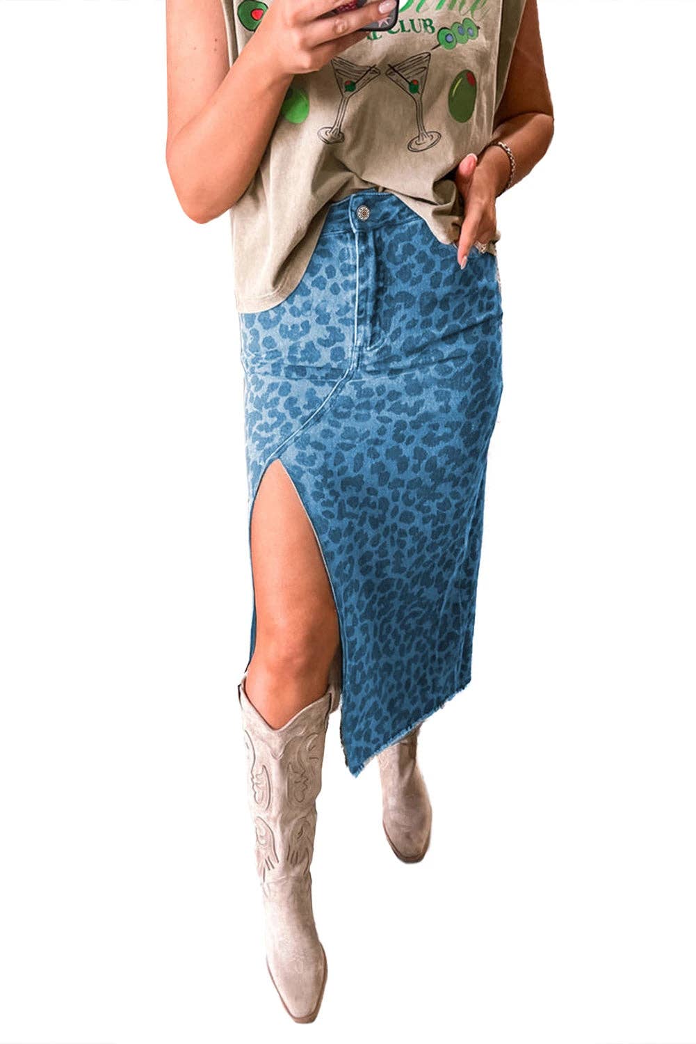 Brown Leopard Denim Frayed Split Denim Midi Skirt: Brown / 65%Cotton+33%Polyester+2%Elastane / XL