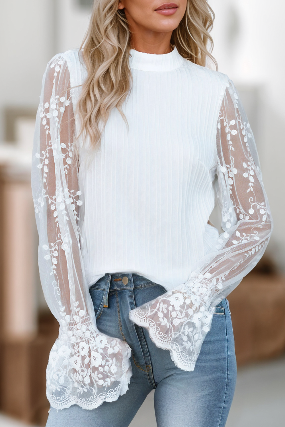 Lace Sleeve Mock Neck Textured Blouse