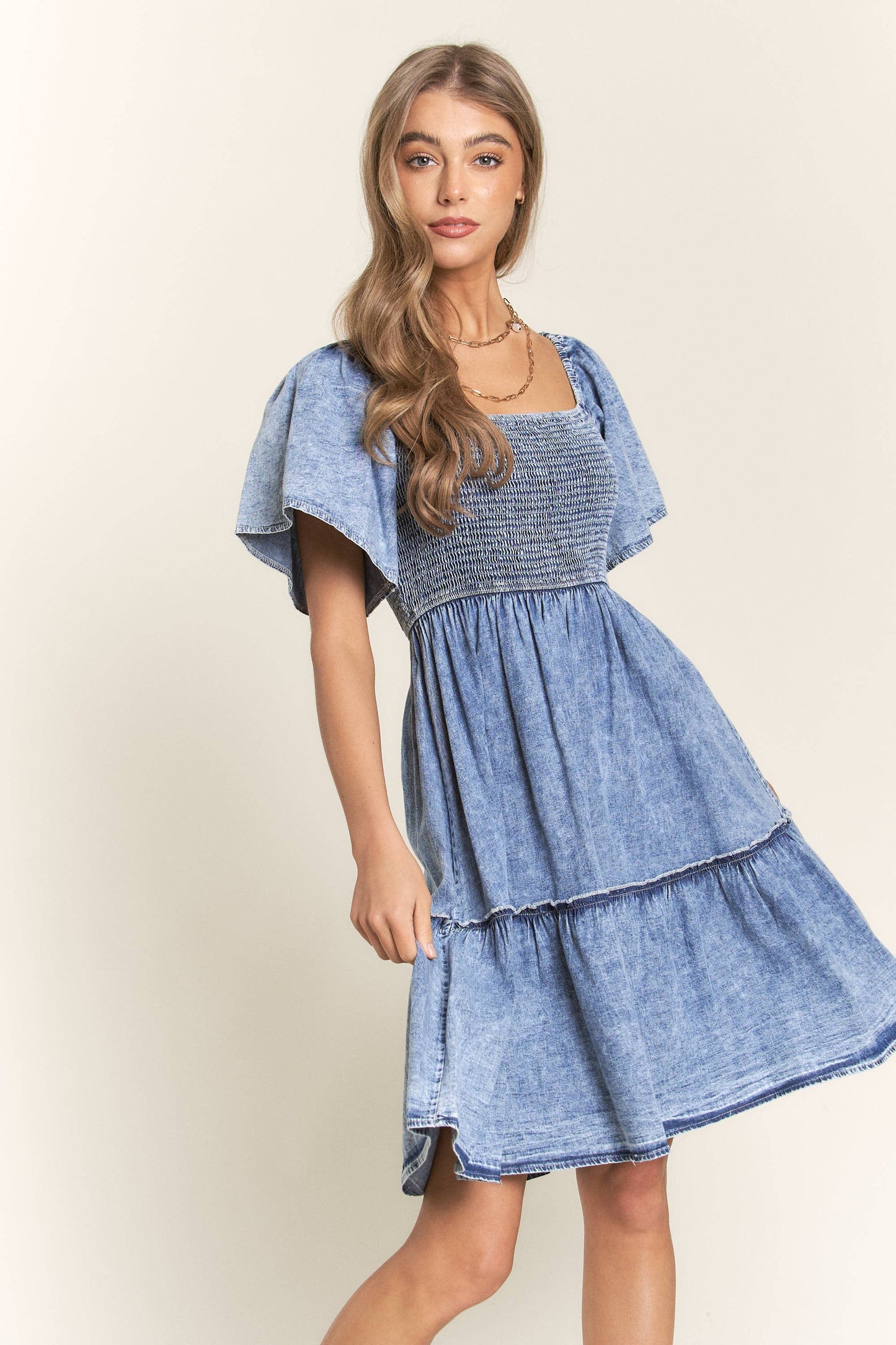 Washed Denim Smocked Top Dress - SALE