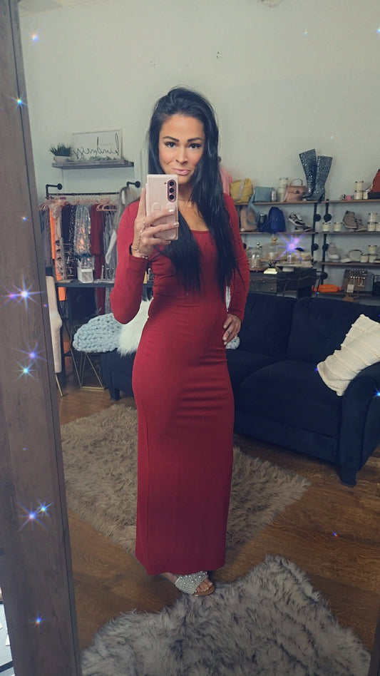 Bodycon Long Sleeve Ribbed Maxi Dress in Red