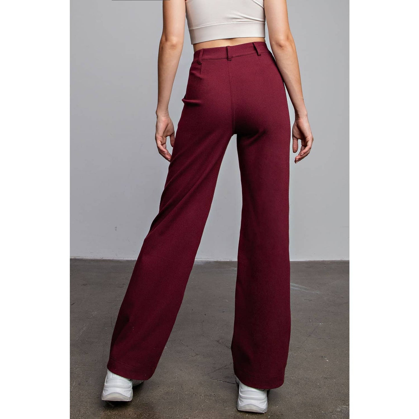 Triple Stretch Cotton Twill Wide Leg Trousers in Burgundy