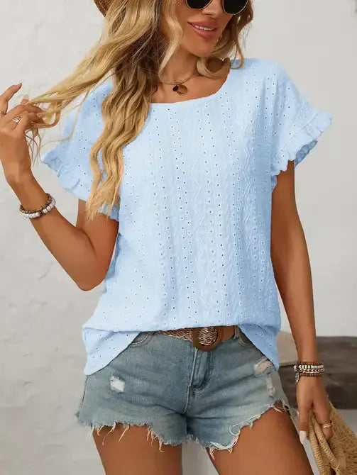 Light Blue Hollow-Out Crewneck Short Sleeve Summer Top: Turquoise blue / 65%Polyester+30%Viscose+5%Elastane / S