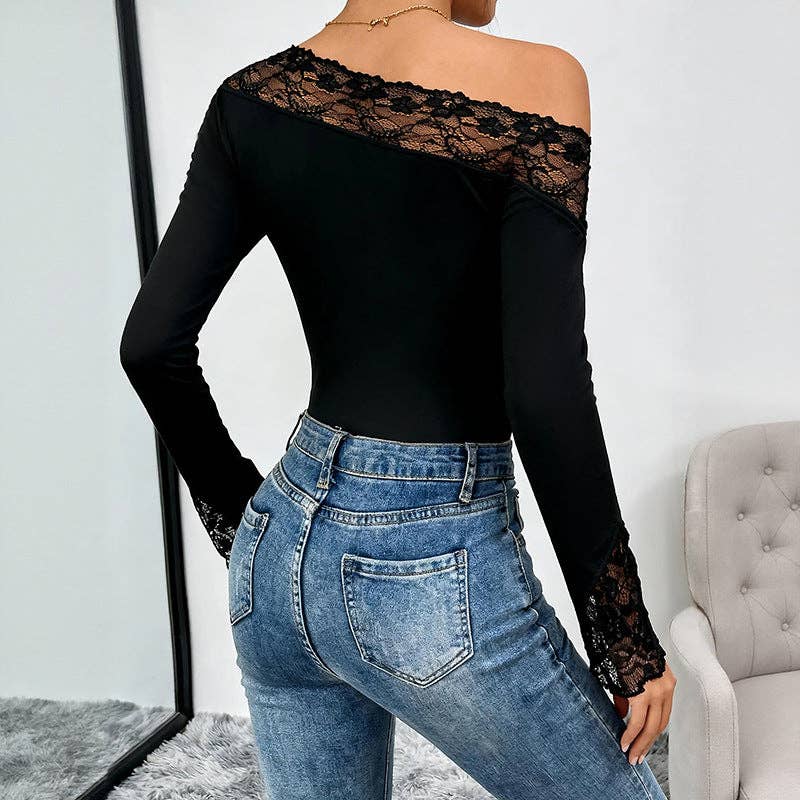 One Shoulder Lace Bodysuit Sexy Black Long Sleeve Top