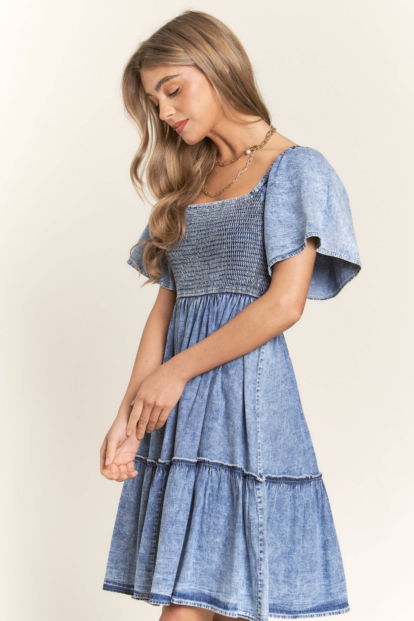 Washed Denim Smocked Top Dress - SALE