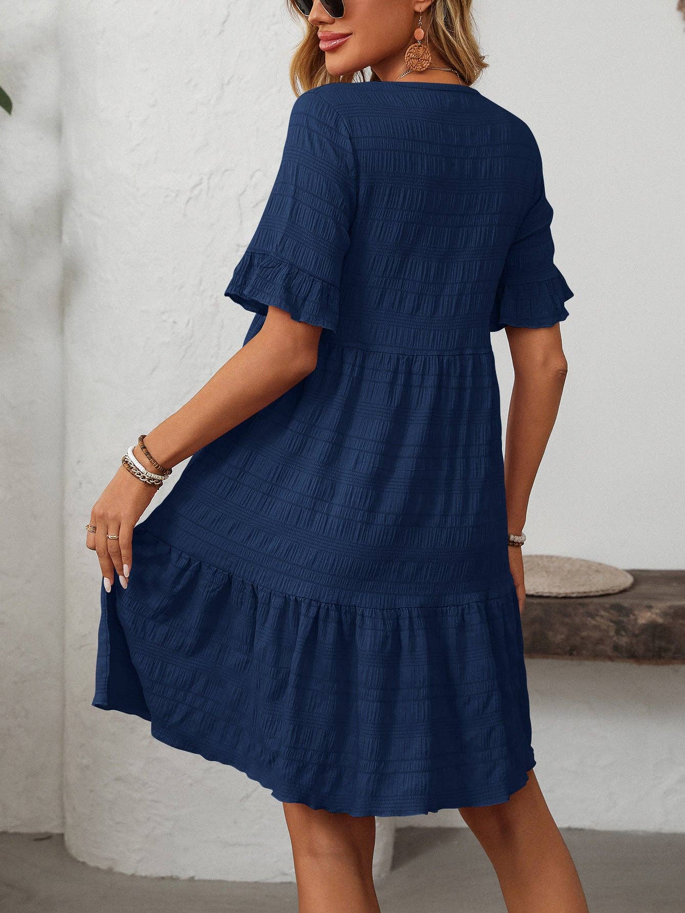 Women Ruffle Sleeve A Line Tiered Flowy Casual Trendy Mini Dress: Bean paste powder / 100% Polyester / 2XL