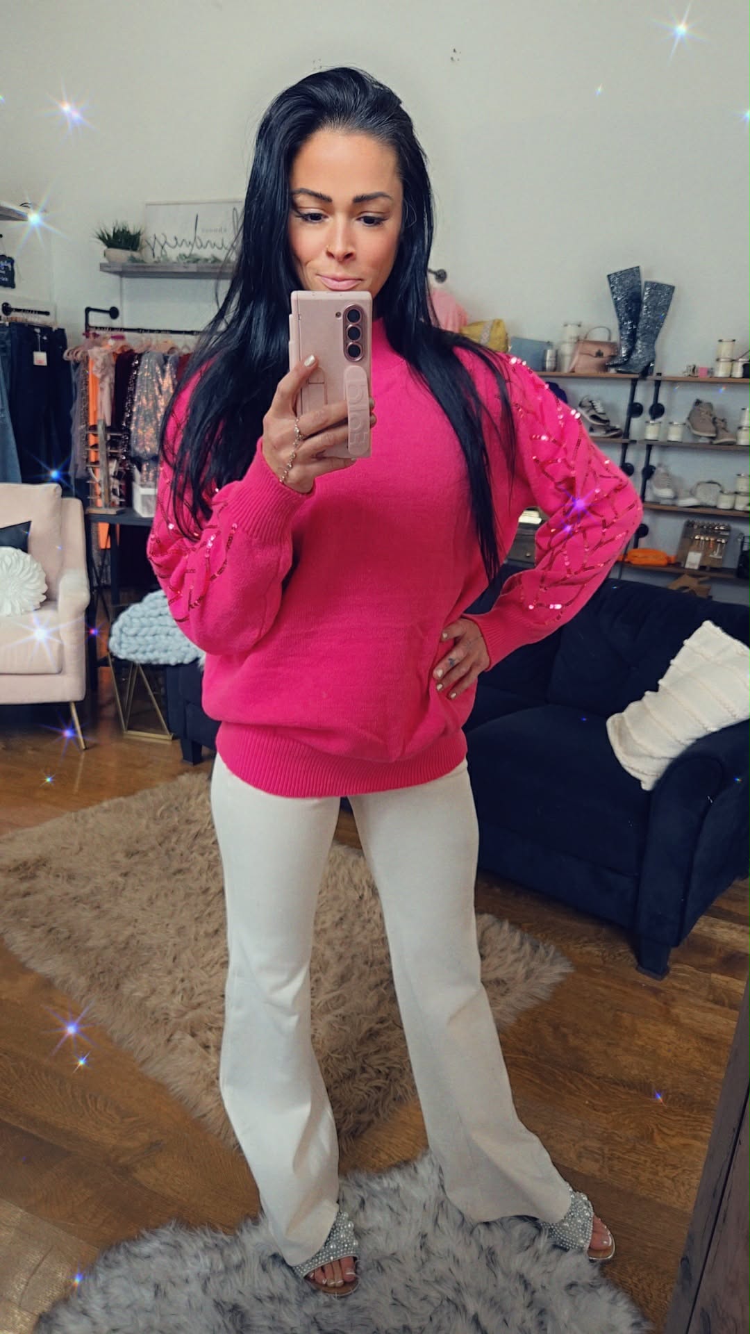 Women's Sequin-Embellished Pullover in Hot Pink