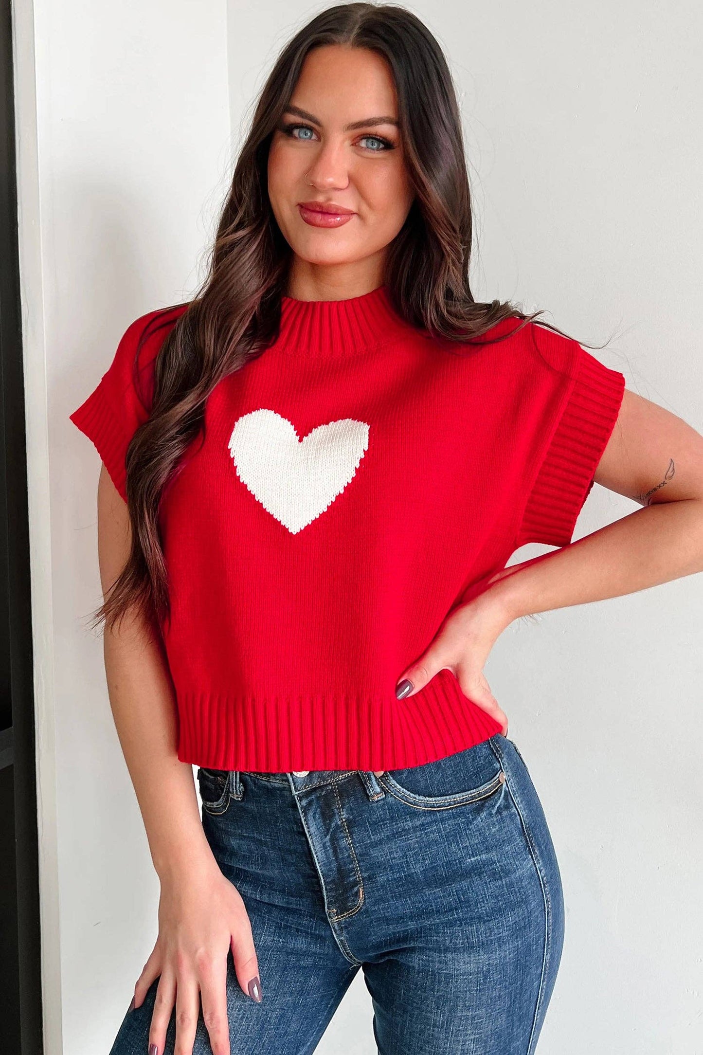 Fiery Red Valentine Heart Graphic Cropped Short Sleeve Sweater