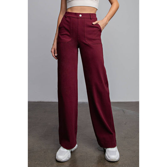 Triple Stretch Cotton Twill Wide Leg Trousers in Burgundy