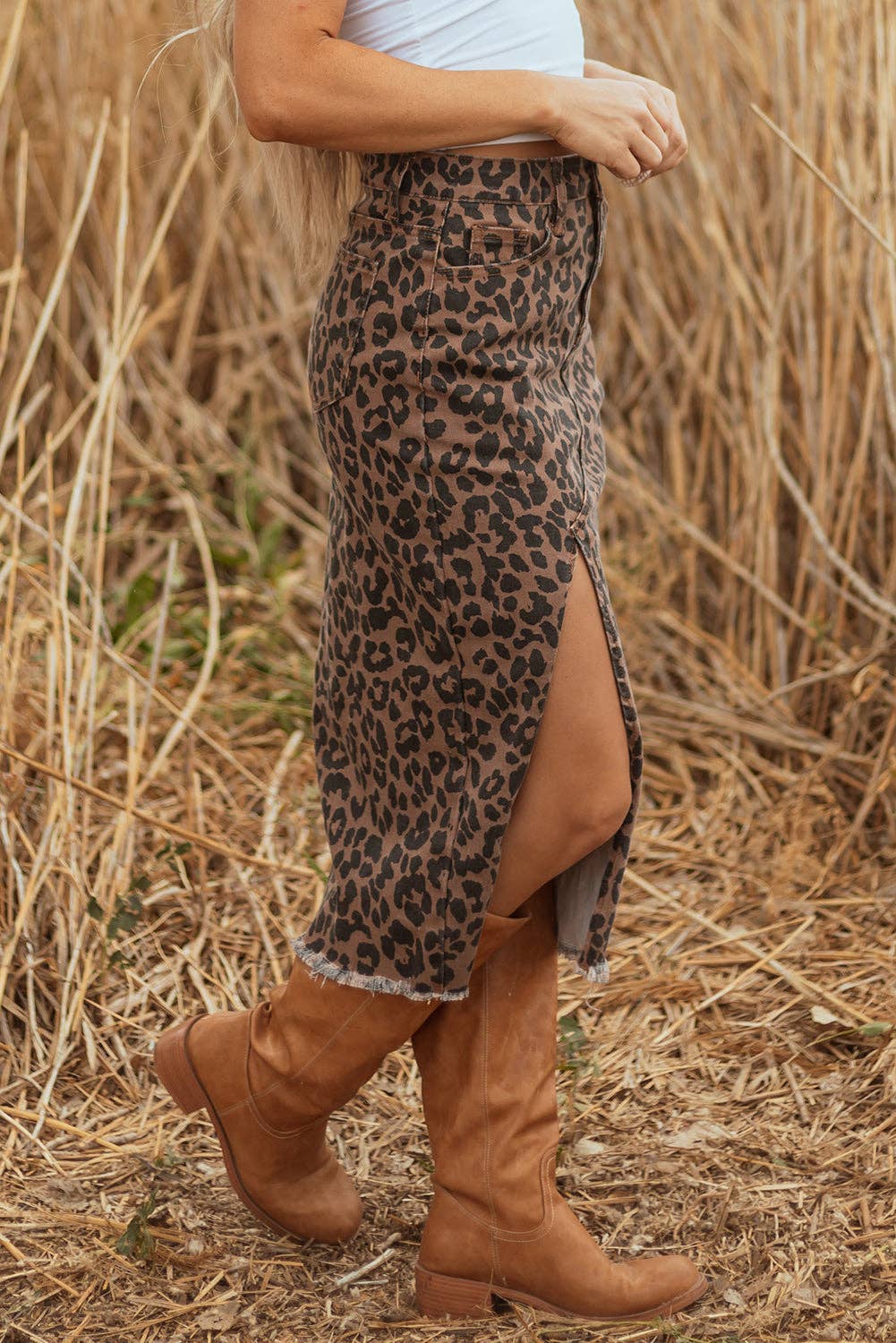Brown Leopard Denim Frayed Split Denim Midi Skirt: Brown / 65%Cotton+33%Polyester+2%Elastane / S