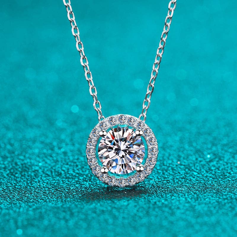 Four-Prong Moissanite Halo Necklace in 925 Sterling Silver: 0.5 ct